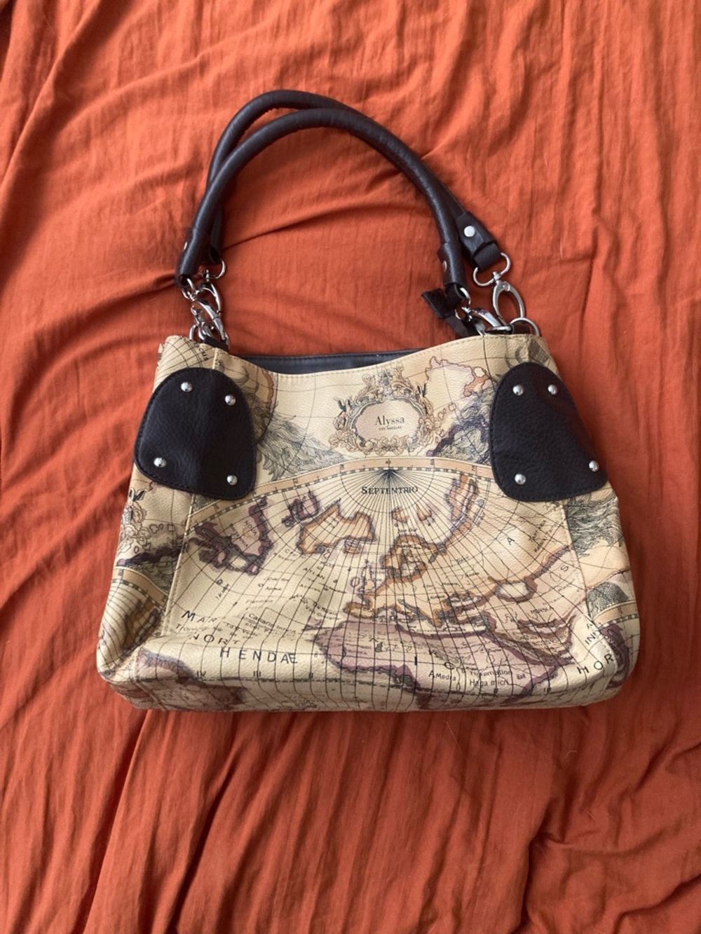 Map-Print shoulder Bag with Dark Brown Handles